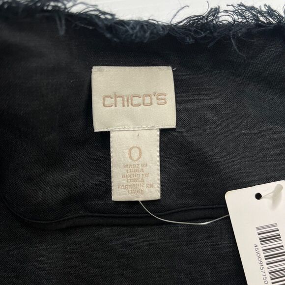Chico's 100% Linen Black Bell Sleeve Open Jacket Fringe Trim Sz 0 US Sz S/4 NWT - Picture 2 of 10